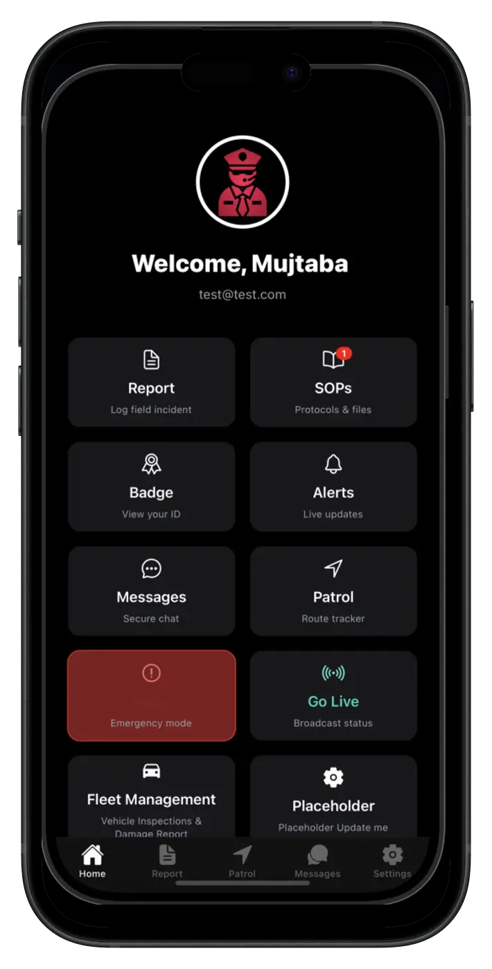 Guardalis Pro mobile app on iPhone showing security operations dashboard
